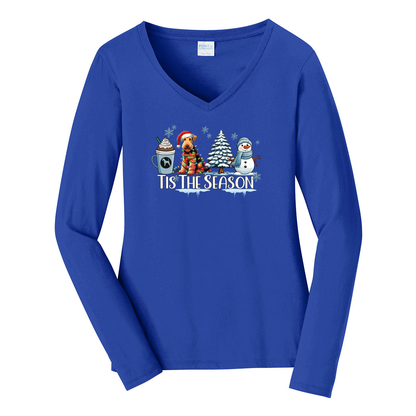Airedale Terrier Tis The Season Winter Port & Company® Ladies Long Sleeve Fan Favorite™ V-Neck Tee LPC450VLS - WagALotBowWow