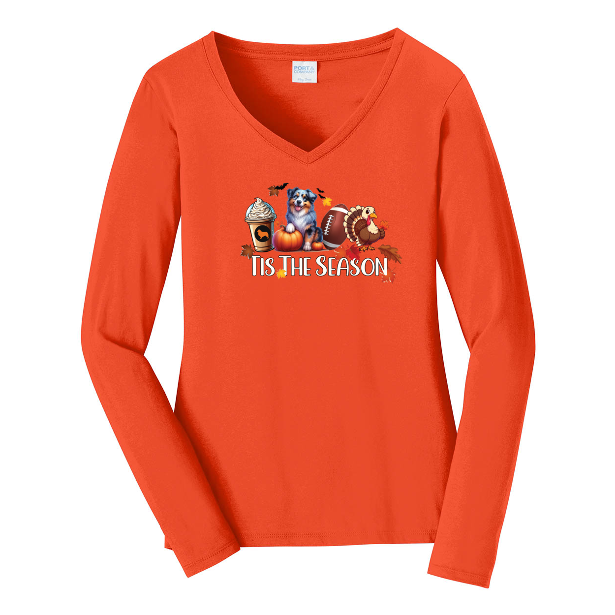 Blue Merle Australian Shepherd Tis The Season Fall V-Neck Long Sleeve - WagALotBowWow