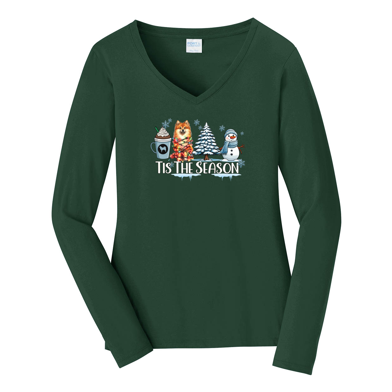 Finnish Spitz Tis The Season Winter Port & Company® Ladies Long Sleeve Fan Favorite™ V-Neck Tee LPC450VLS - WagALotBowWow