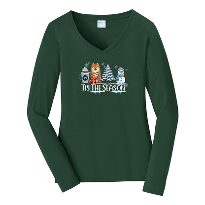 Finnish Spitz Tis The Season Winter Port & Company® Ladies Long Sleeve Fan Favorite™ V-Neck Tee LPC450VLS - WagALotBowWow