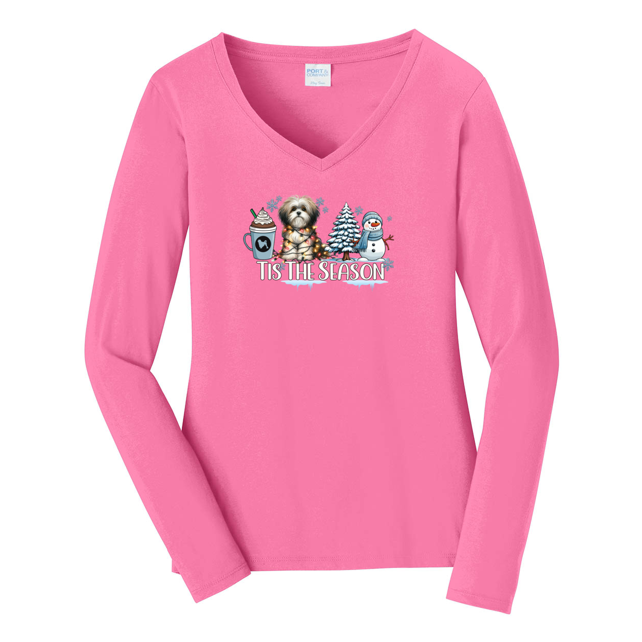 Lowchen Tis The Season Winter Port & Company® Ladies Long Sleeve Fan Favorite™ V-Neck Tee LPC450VLS - WagALotBowWow