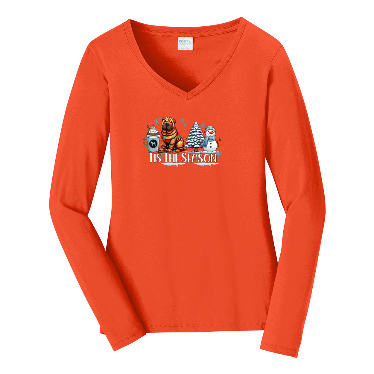Chinese Shar-Pei Tis The Season Winter Port & Company® Ladies Long Sleeve Fan Favorite™ V-Neck Tee LPC450VLS - WagALotBowWow