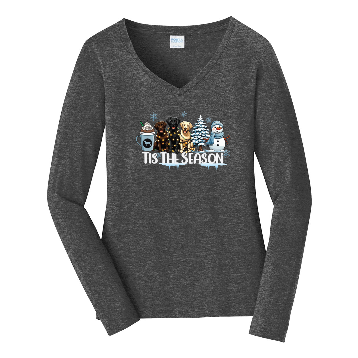 Labrador Tis The Season Winter Port & Company® Ladies Long Sleeve Fan Favorite™ V-Neck Tee LPC450VLS - WagALotBowWow