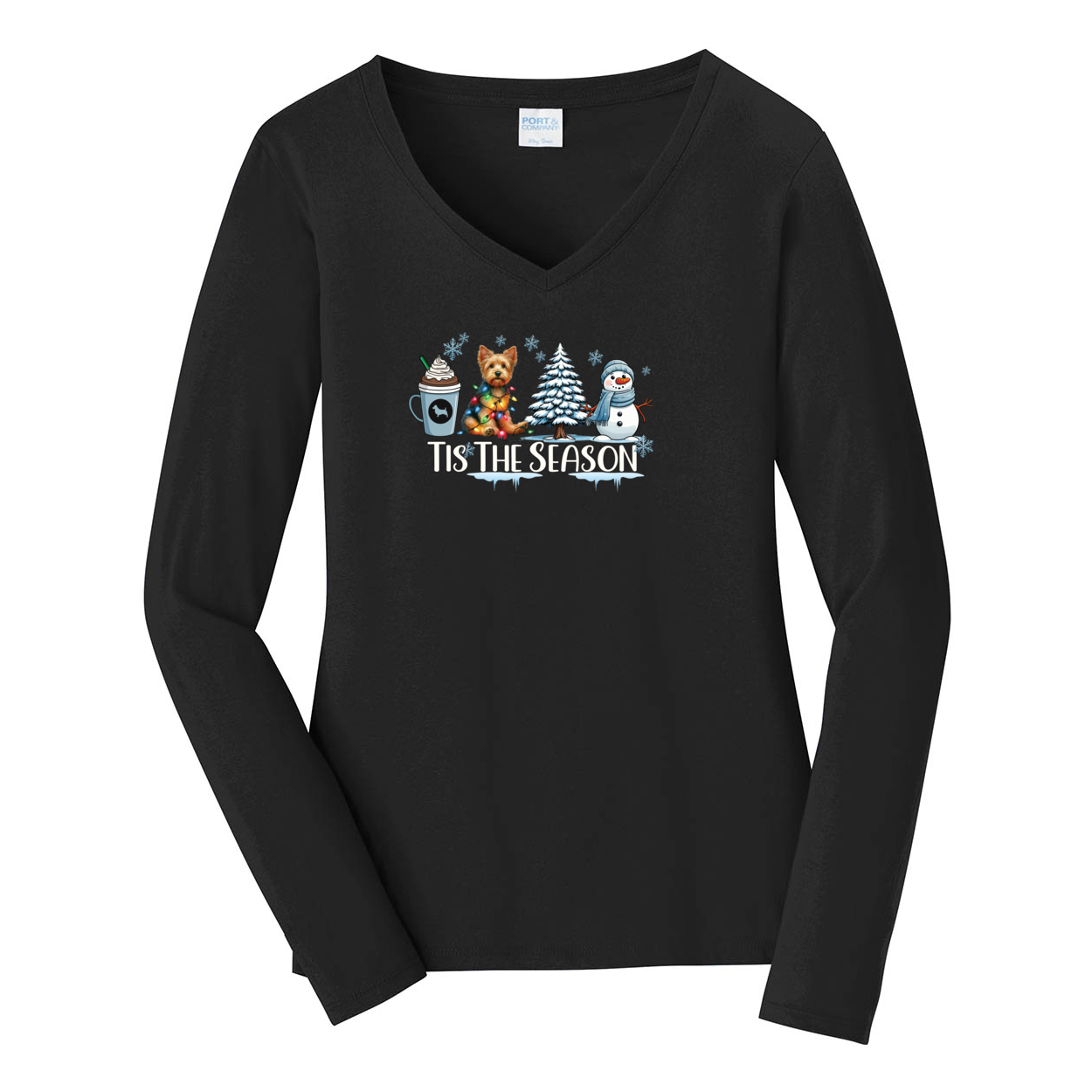 Australian Terrier Tis The Season Winter Port & Company® Ladies Long Sleeve Fan Favorite™ V-Neck Tee LPC450VLS - WagALotBowWow