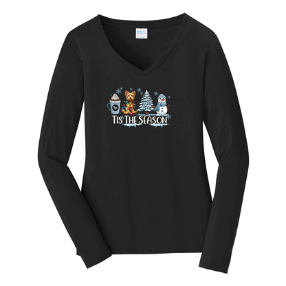 Australian Terrier Tis The Season Winter Port & Company® Ladies Long Sleeve Fan Favorite™ V-Neck Tee LPC450VLS - WagALotBowWow