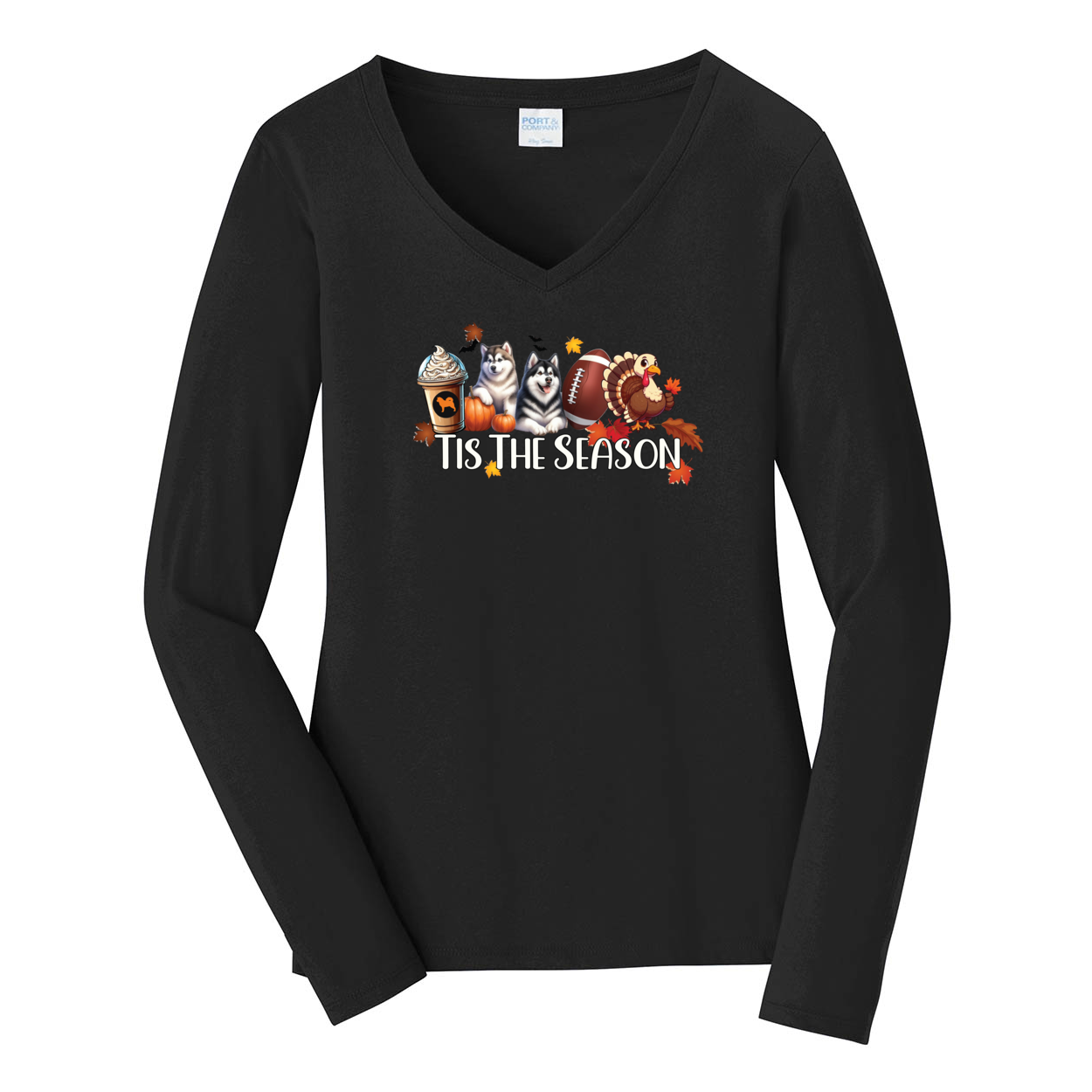 Alaskan Malamute Tis The Season Fall Port & Company® Ladies Long Sleeve Fan Favorite™ V-Neck Tee LPC450VLS - WagALotBowWow