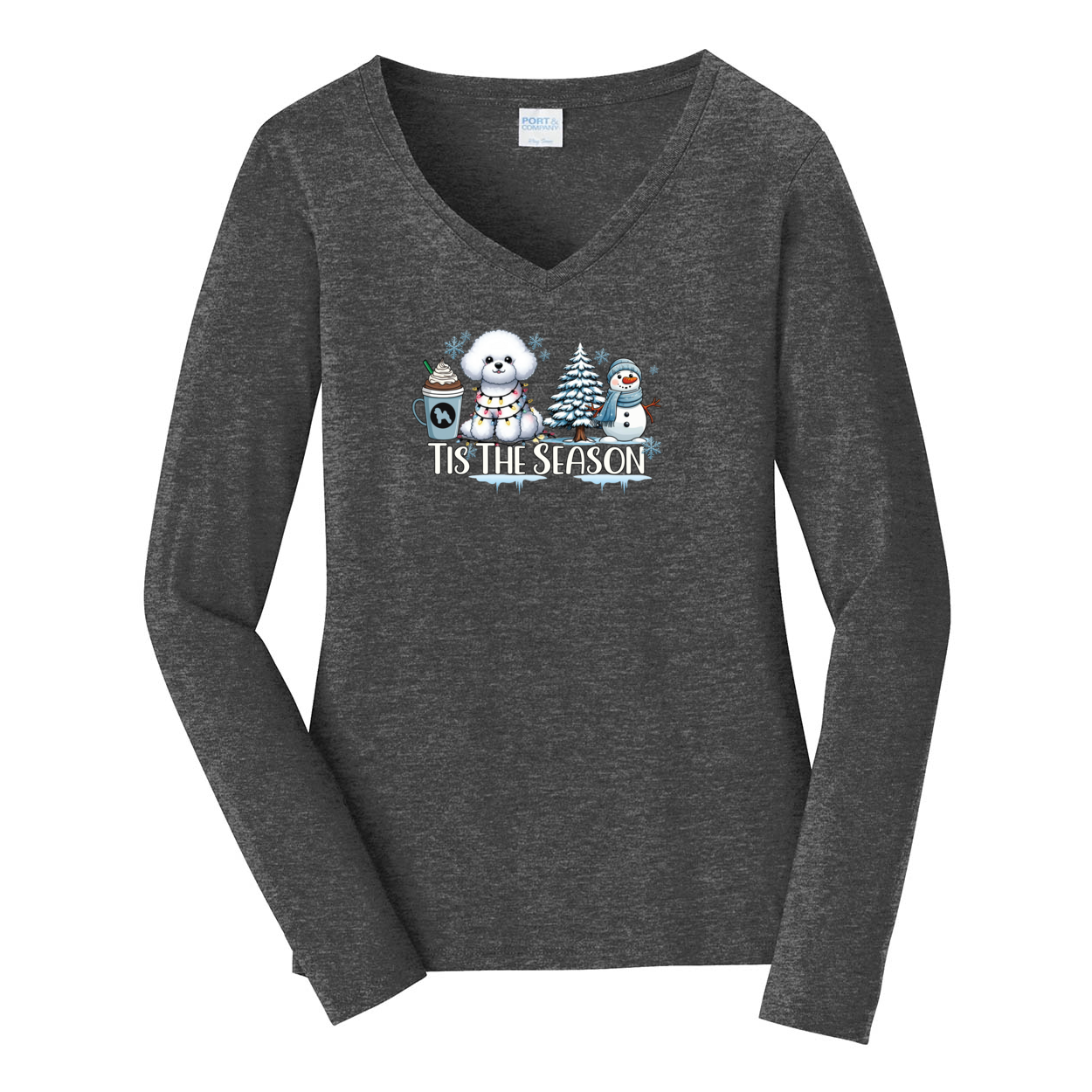 Bichon Frisé Tis The Season Winter Port & Company® Ladies Long Sleeve Fan Favorite™ V-Neck Tee LPC450VLS - WagALotBowWow