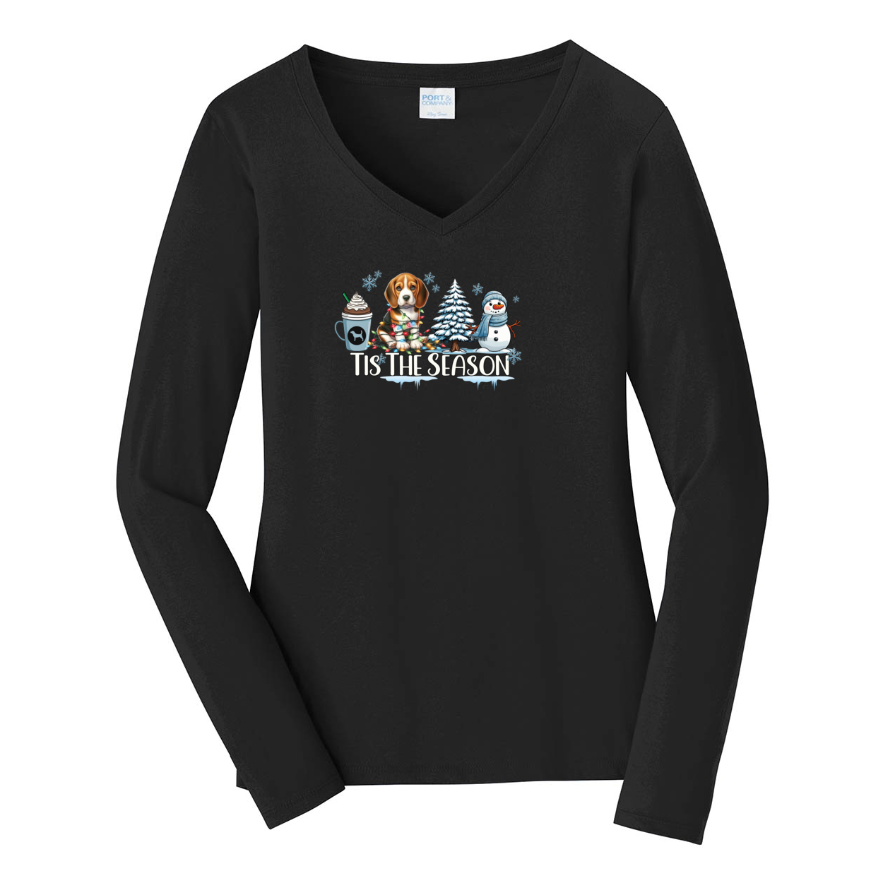 Beagle Tis The Season Winter Port & Company® Ladies Long Sleeve Fan Favorite™ V-Neck Tee LPC450VLS - WagALotBowWow