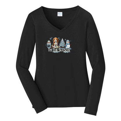 Beagle Tis The Season Winter Port & Company® Ladies Long Sleeve Fan Favorite™ V-Neck Tee LPC450VLS - WagALotBowWow
