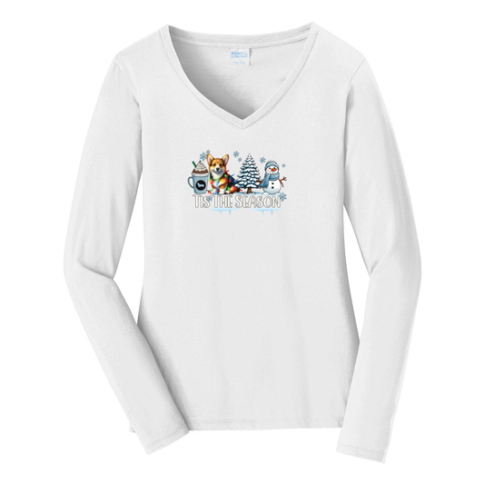 Pembroke Welsh Corgi Tis The Season Winter Port & Company® Ladies Long Sleeve Fan Favorite™ V-Neck Tee LPC450VLS - WagALotBowWow