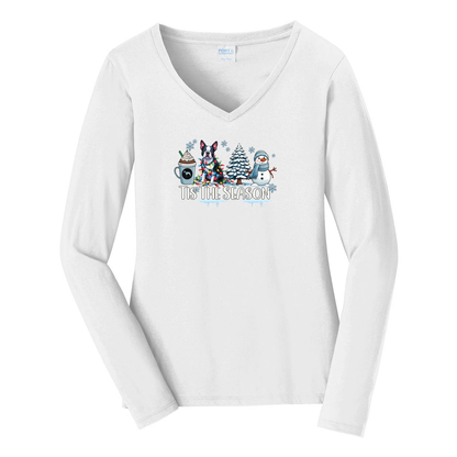 Boston Terrier Tis The Season Winter Port & Company® Ladies Long Sleeve Fan Favorite™ V-Neck Tee LPC450VLS - WagALotBowWow