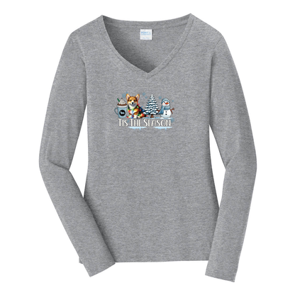 Pembroke Welsh Corgi Tis The Season Winter Port & Company® Ladies Long Sleeve Fan Favorite™ V-Neck Tee LPC450VLS - WagALotBowWow