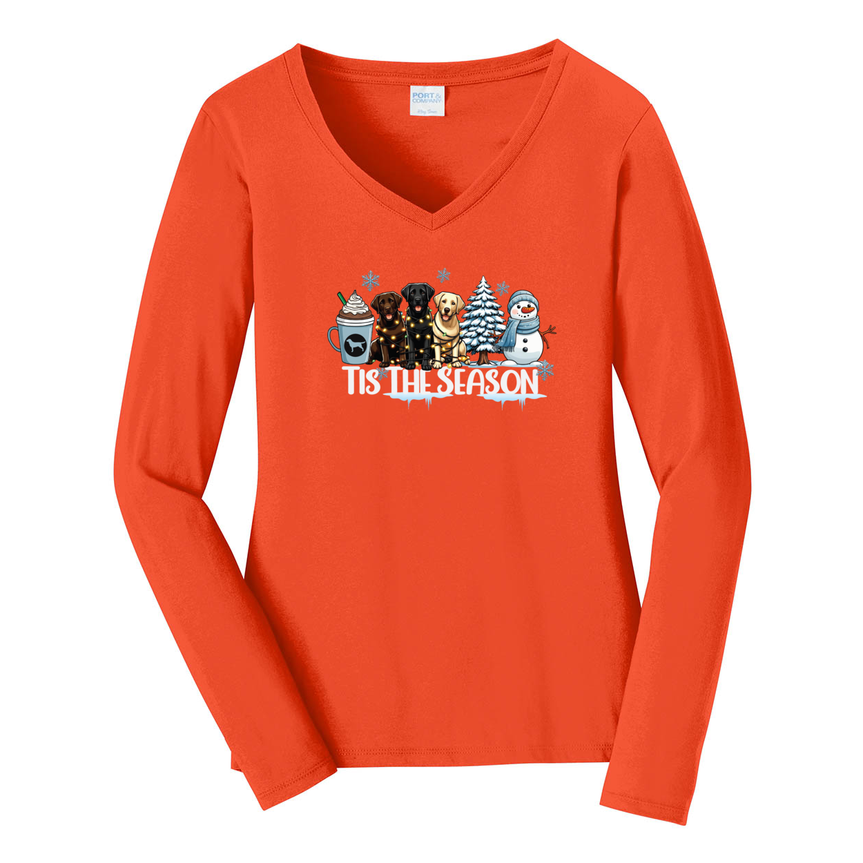 Labrador Tis The Season Winter Port & Company® Ladies Long Sleeve Fan Favorite™ V-Neck Tee LPC450VLS - WagALotBowWow