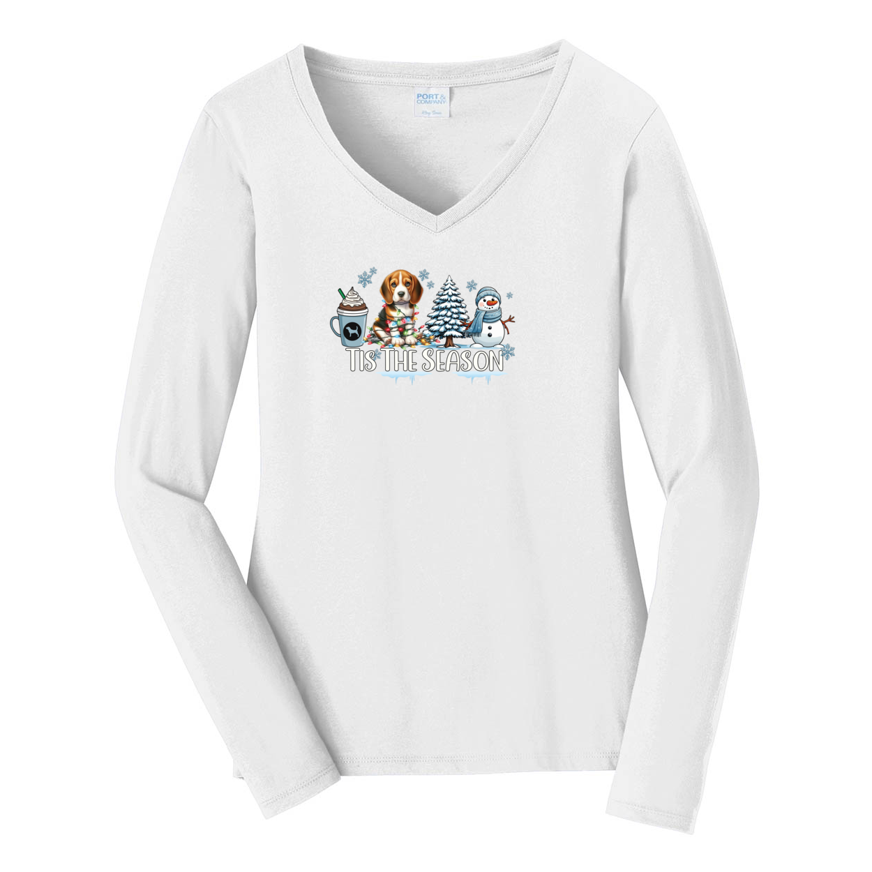 Beagle Tis The Season Winter Port & Company® Ladies Long Sleeve Fan Favorite™ V-Neck Tee LPC450VLS - WagALotBowWow