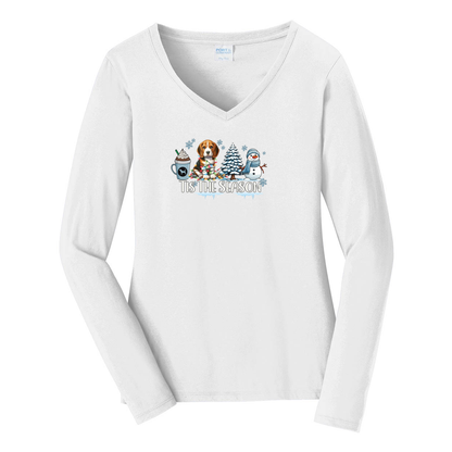 Beagle Tis The Season Winter Port & Company® Ladies Long Sleeve Fan Favorite™ V-Neck Tee LPC450VLS - WagALotBowWow