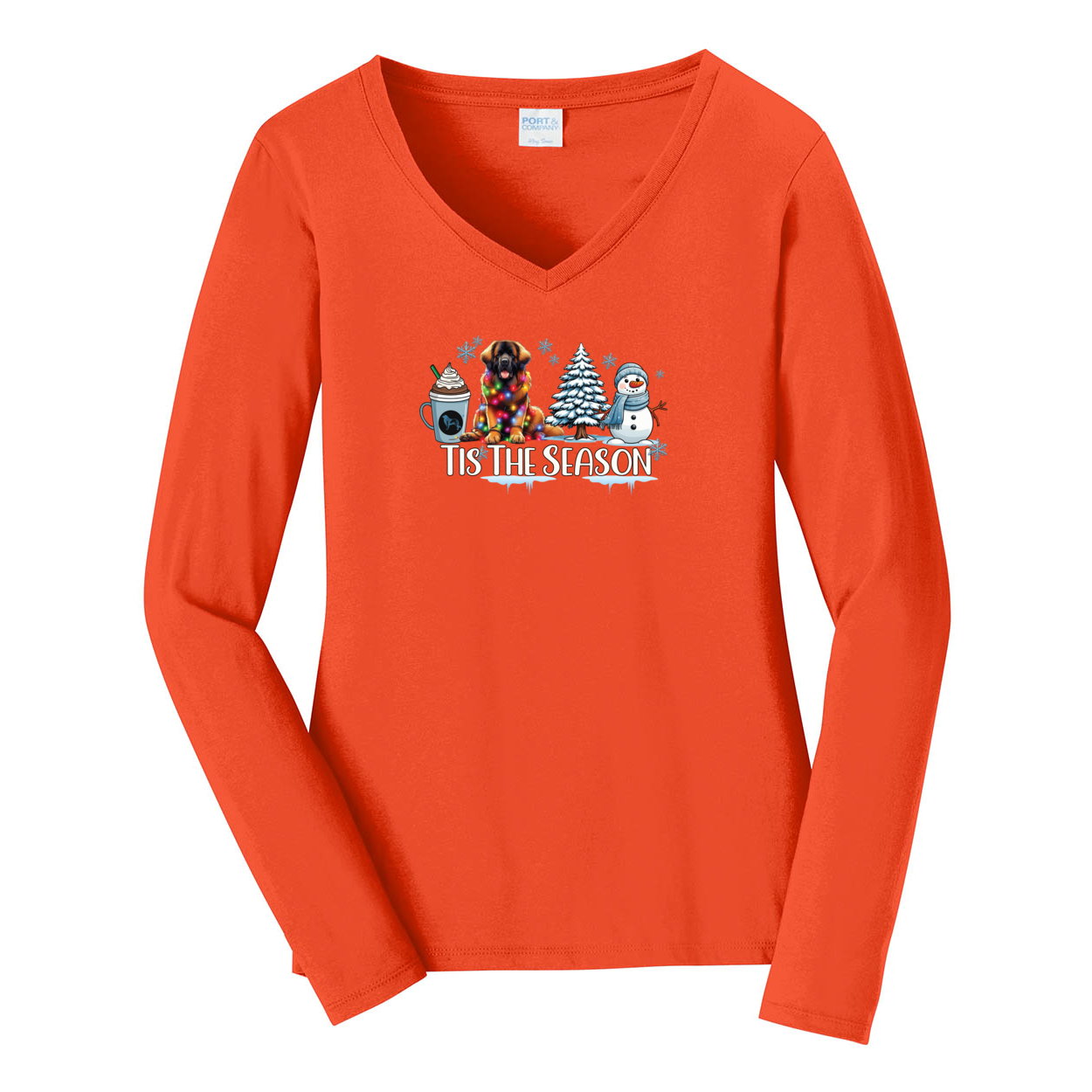 Leonberger Tis The Season Winter Port & Company® Ladies Long Sleeve Fan Favorite™ V-Neck Tee LPC450VLS - WagALotBowWow