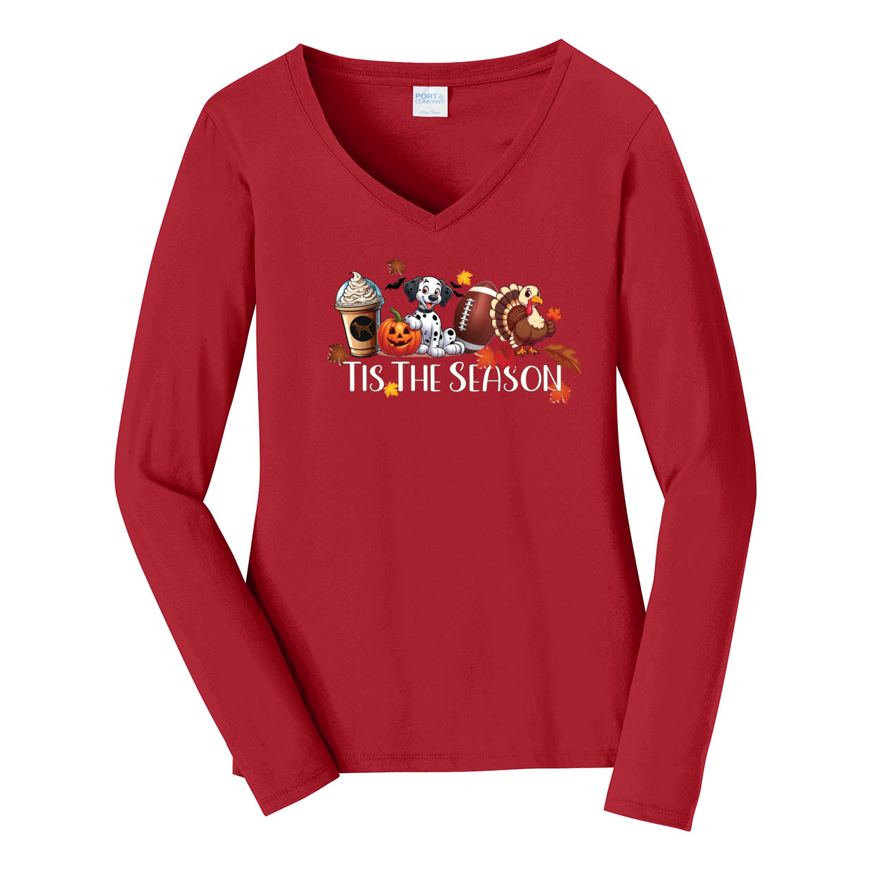 Dalmatian Tis The Season Fall Port & Company® Ladies Long Sleeve Fan Favorite™ V-Neck Tee LPC450VLS - WagALotBowWow
