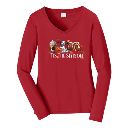Dalmatian Tis The Season Fall Port & Company® Ladies Long Sleeve Fan Favorite™ V-Neck Tee LPC450VLS - WagALotBowWow