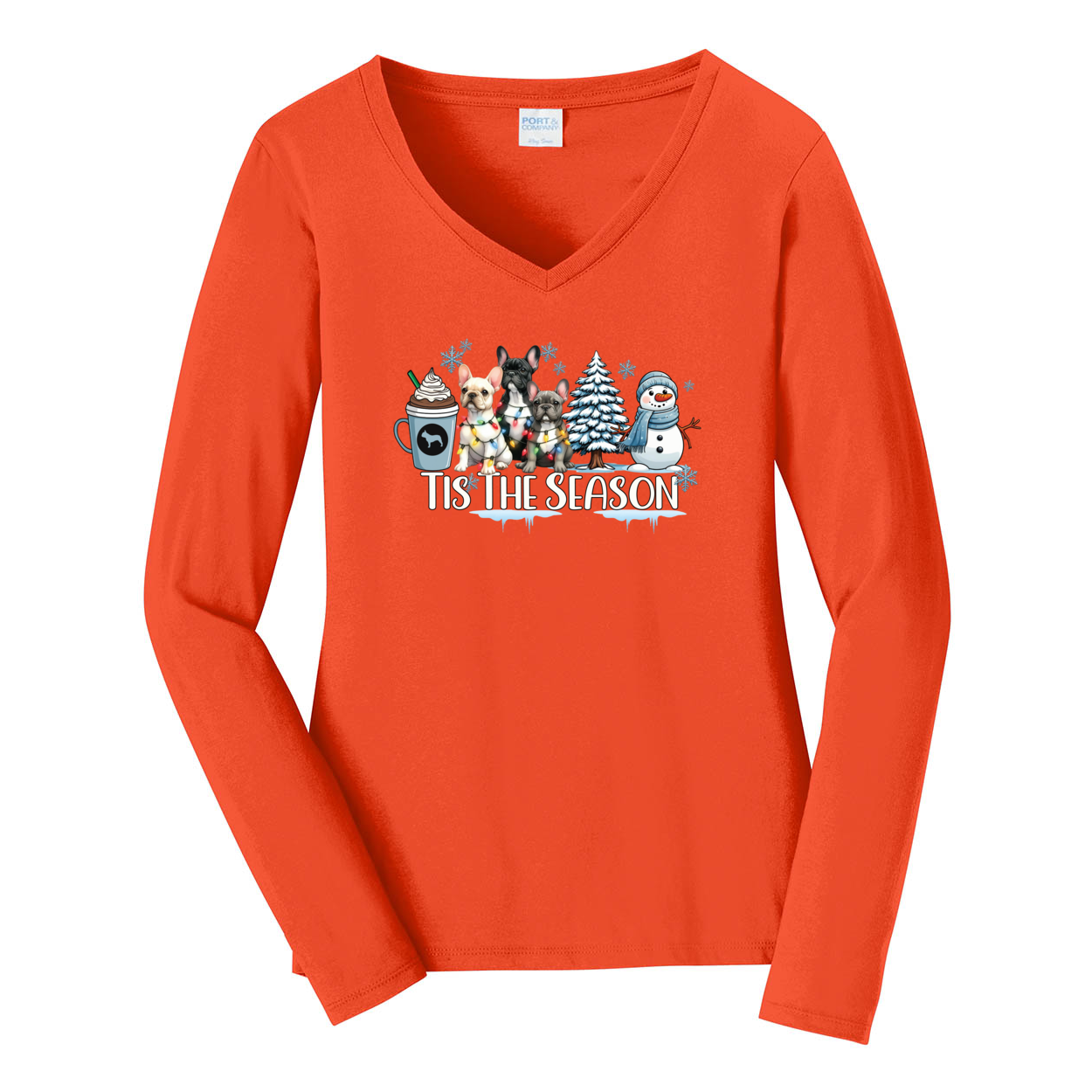 French Bulldog Tis The Season Winter Port & Company® Ladies Long Sleeve Fan Favorite™ V-Neck Tee LPC450VLS - WagALotBowWow