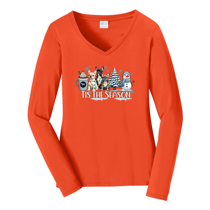 French Bulldog Tis The Season Winter Port & Company® Ladies Long Sleeve Fan Favorite™ V-Neck Tee LPC450VLS - WagALotBowWow