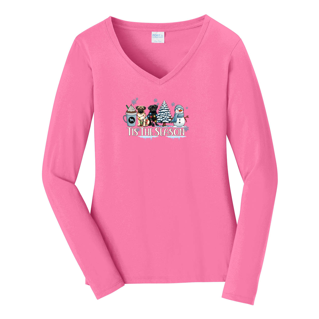 Pug Tis The Season Winter Ladies Long Sleeve Fan Favorite™ V-Neck Tee - WagALotBowWow