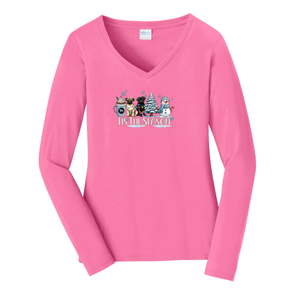 Pug Tis The Season Winter Ladies Long Sleeve Fan Favorite™ V-Neck Tee - WagALotBowWow