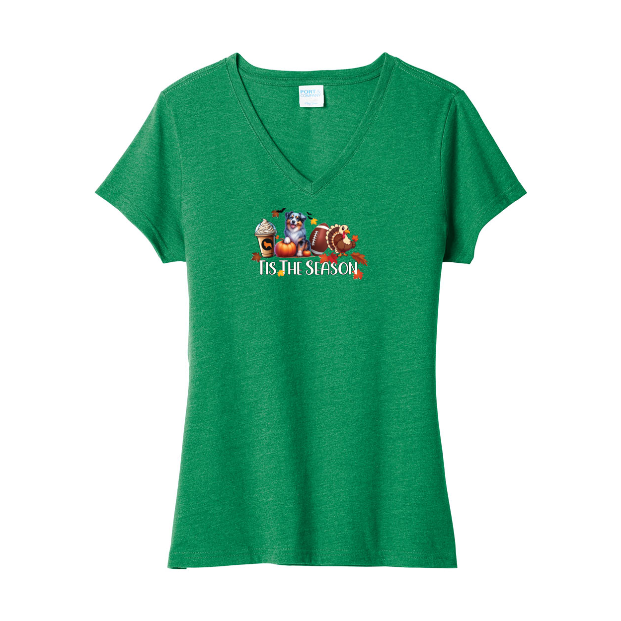 Blue Merle Aussie Tis The Season Fall V-Neck Tee SS - WagALotBowWow