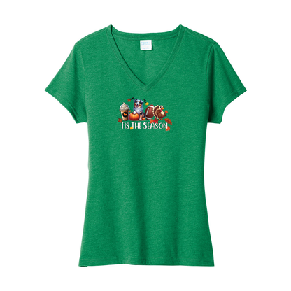 Blue Merle Aussie Tis The Season Fall V-Neck Tee SS - WagALotBowWow