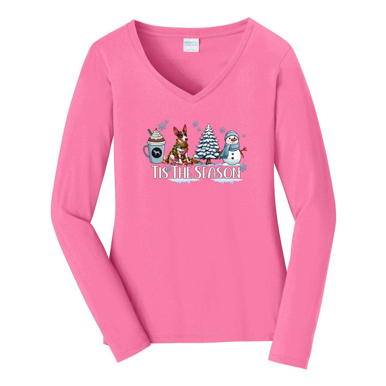 Rat Terrier Tis The Season Winter Port & Company® Ladies Long Sleeve Fan Favorite™ V-Neck Tee LPC450VLS - WagALotBowWow