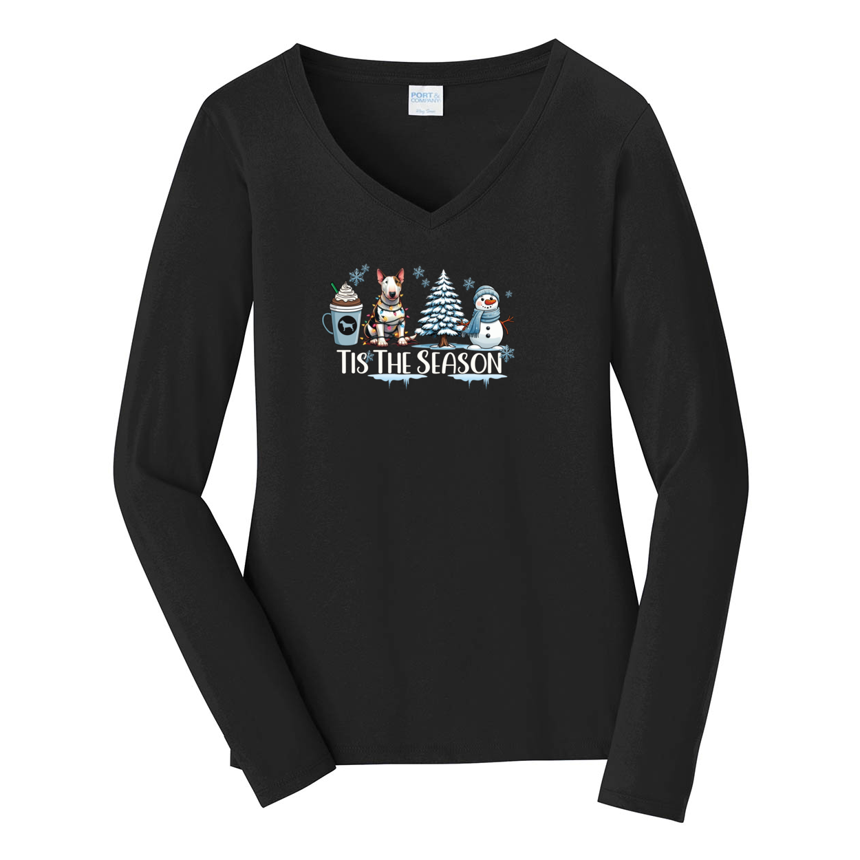 Bull Terrier Tis The Season Winter Port & Company® Ladies Long Sleeve Fan Favorite™ V-Neck Tee LPC450VLS - WagALotBowWow