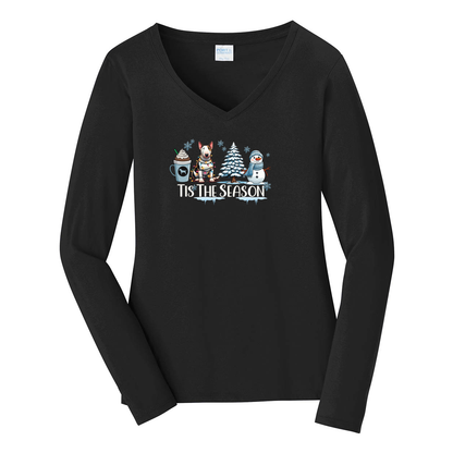 Bull Terrier Tis The Season Winter Port & Company® Ladies Long Sleeve Fan Favorite™ V-Neck Tee LPC450VLS - WagALotBowWow