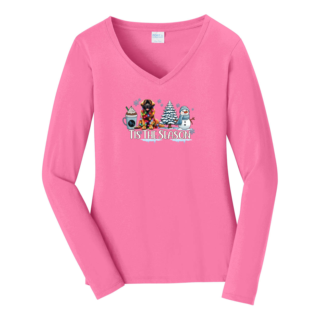 Leonberger Tis The Season Winter Port & Company® Ladies Long Sleeve Fan Favorite™ V-Neck Tee LPC450VLS - WagALotBowWow