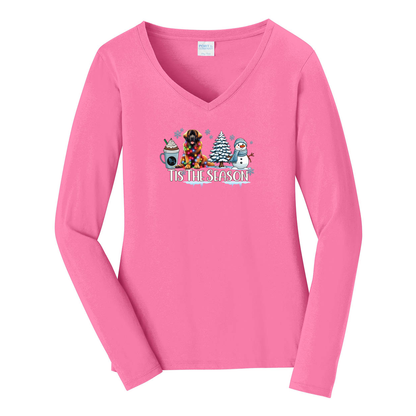Leonberger Tis The Season Winter Port & Company® Ladies Long Sleeve Fan Favorite™ V-Neck Tee LPC450VLS - WagALotBowWow