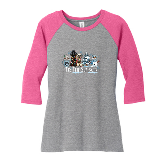 Poodle & CC Tis The Season Winter DM136L District ® Women’s Perfect Tri ® 3/4-Sleeve Raglan - WagALotBowWow