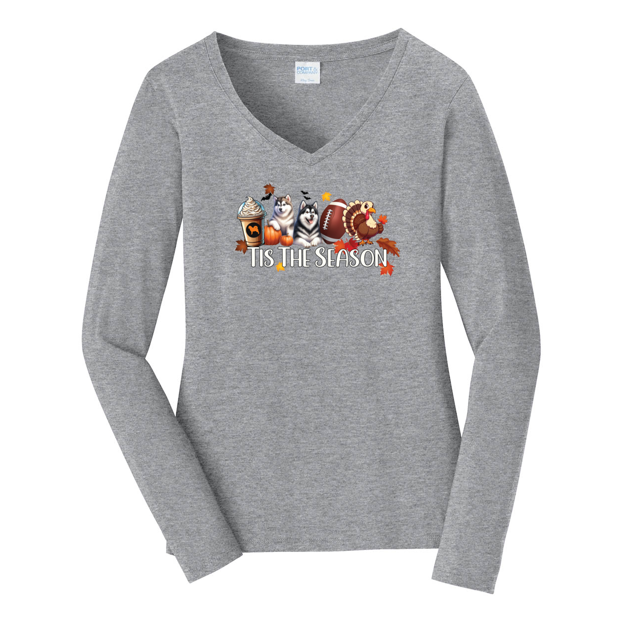 Alaskan Malamute Tis The Season Fall Port & Company® Ladies Long Sleeve Fan Favorite™ V-Neck Tee LPC450VLS - WagALotBowWow