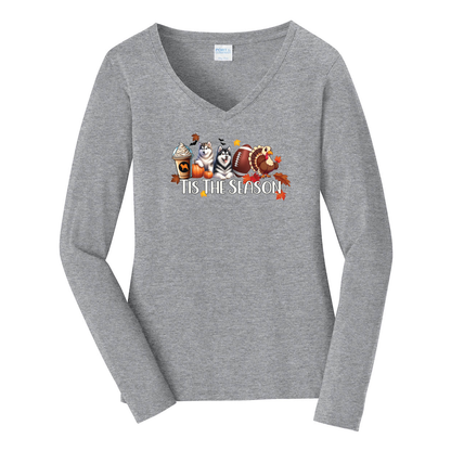 Alaskan Malamute Tis The Season Fall Port & Company® Ladies Long Sleeve Fan Favorite™ V-Neck Tee LPC450VLS - WagALotBowWow