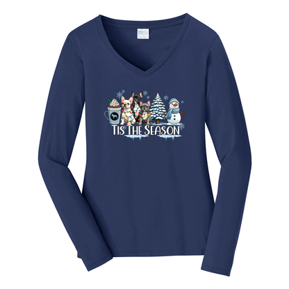 French Bulldog Tis The Season Winter Port & Company® Ladies Long Sleeve Fan Favorite™ V-Neck Tee LPC450VLS - WagALotBowWow