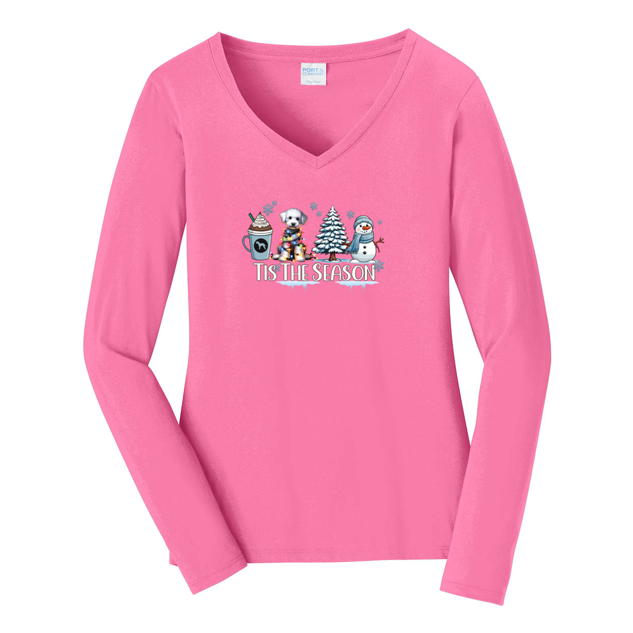 Bedlington Terrier Tis The Season Winter Port & Company® Ladies Long Sleeve Fan Favorite™ V-Neck Tee LPC450VLS - WagALotBowWow
