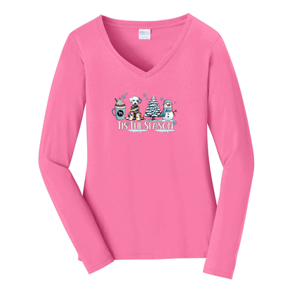 Bedlington Terrier Tis The Season Winter Port & Company® Ladies Long Sleeve Fan Favorite™ V-Neck Tee LPC450VLS - WagALotBowWow