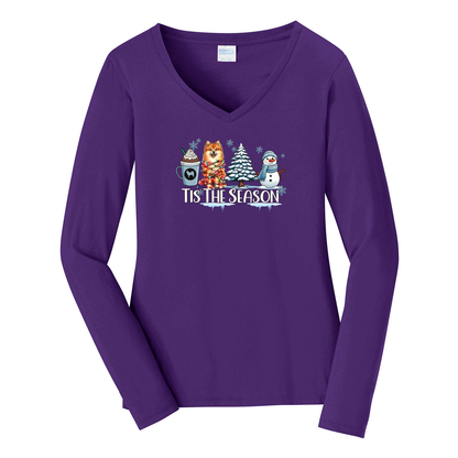 Finnish Spitz Tis The Season Winter Port & Company® Ladies Long Sleeve Fan Favorite™ V-Neck Tee LPC450VLS - WagALotBowWow