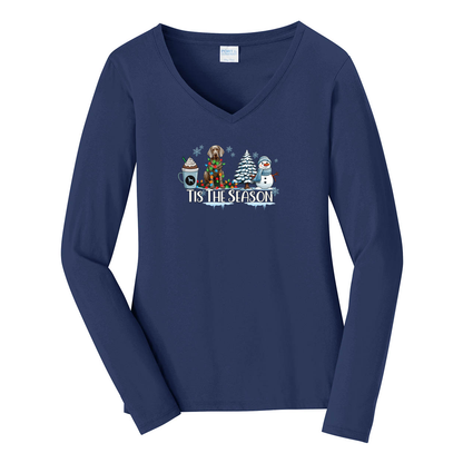 Weimaraner Tis The Season Winter Port & Company® Ladies Long Sleeve Fan Favorite™ V-Neck Tee LPC450VLS - WagALotBowWow