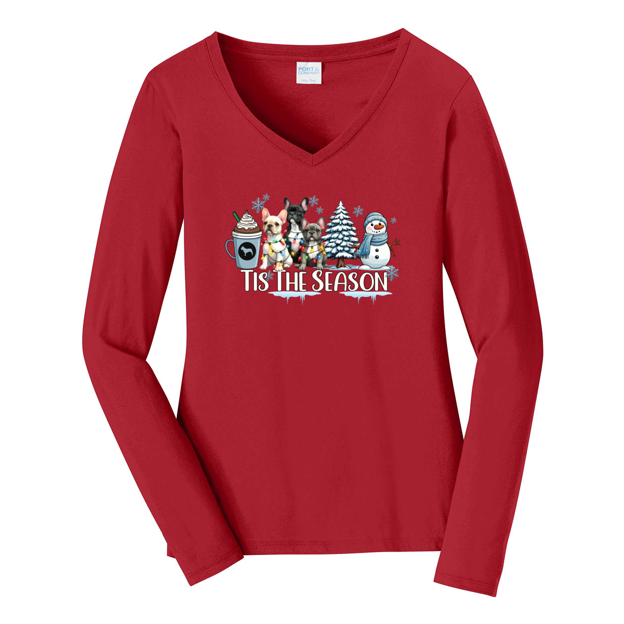 French Bulldog Tis The Season Winter Port & Company® Ladies Long Sleeve Fan Favorite™ V-Neck Tee LPC450VLS - WagALotBowWow