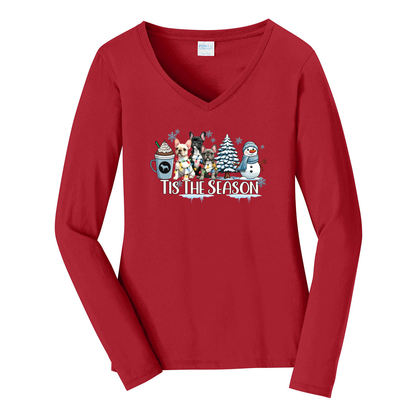 French Bulldog Tis The Season Winter Port & Company® Ladies Long Sleeve Fan Favorite™ V-Neck Tee LPC450VLS - WagALotBowWow
