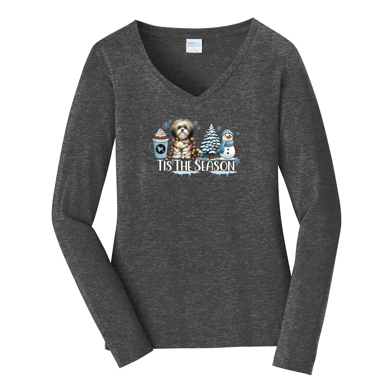 Lowchen Tis The Season Winter Port & Company® Ladies Long Sleeve Fan Favorite™ V-Neck Tee LPC450VLS - WagALotBowWow