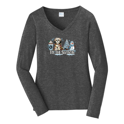 Lowchen Tis The Season Winter Port & Company® Ladies Long Sleeve Fan Favorite™ V-Neck Tee LPC450VLS - WagALotBowWow