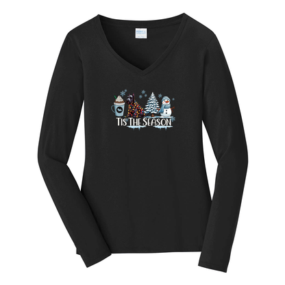 Scottish Terrier Tis The Season Winter Port & Company® Ladies Long Sleeve Fan Favorite™ V-Neck Tee LPC450VLS - WagALotBowWow