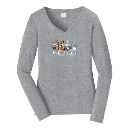 Russian Toy Tis The Season Winter Ladies Long Sleeve V-Neck Tee - WagALotBowWow