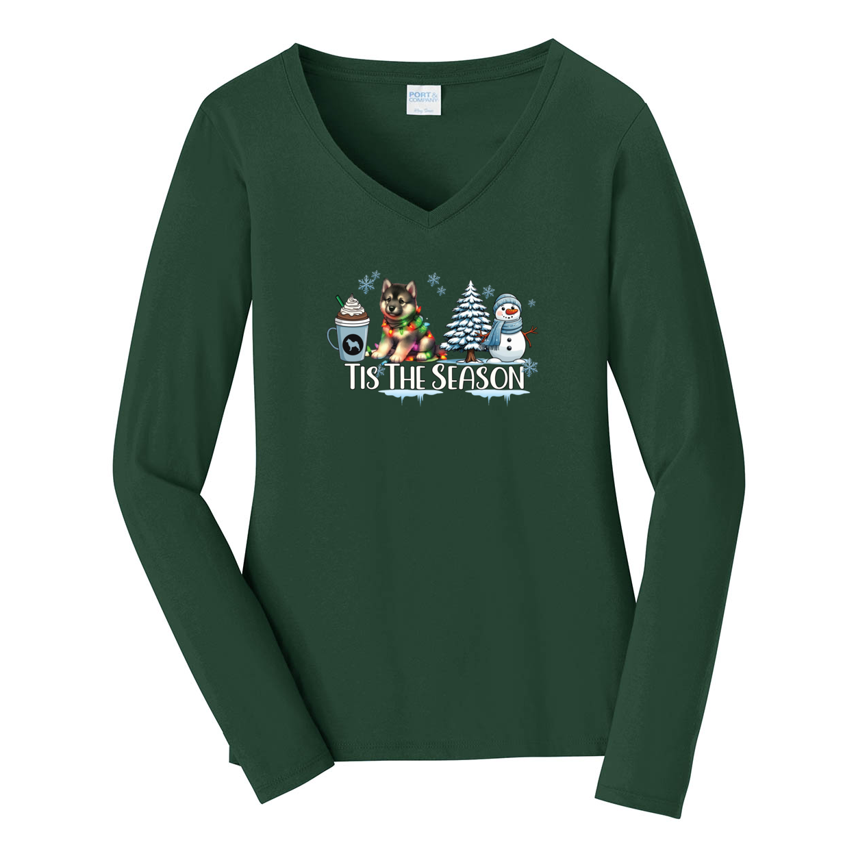 Norwegian Elkhound Tis The Season Winter Port & Company® Ladies Long Sleeve Fan Favorite™ V-Neck Tee LPC450VLS - WagALotBowWow