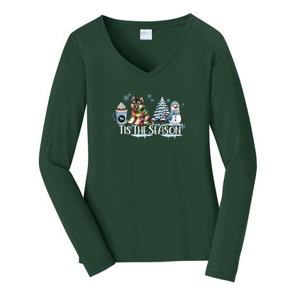Norwegian Elkhound Tis The Season Winter Port & Company® Ladies Long Sleeve Fan Favorite™ V-Neck Tee LPC450VLS - WagALotBowWow