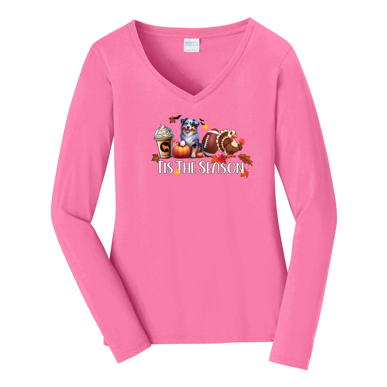 Blue Merle Australian Shepherd Tis The Season Fall V-Neck Long Sleeve - WagALotBowWow